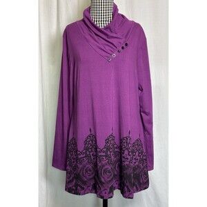 Gaharu Shirt Women’s XL Cowl Neck Purple Floral Detail Boho Hippie Lagenlook